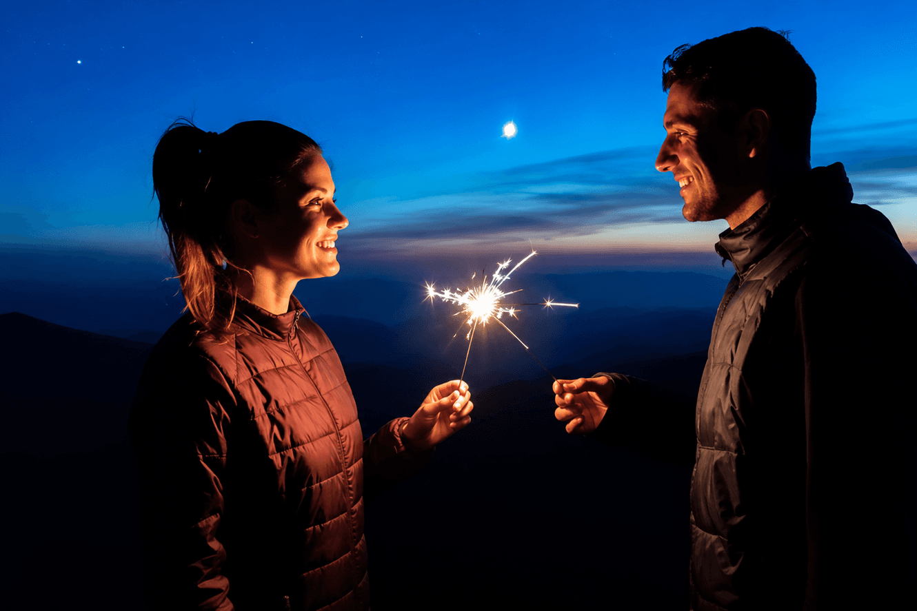 A couple sharing a sparkler against a twilight sky, reconnection and warmth through EFT couples counseling in Visalia